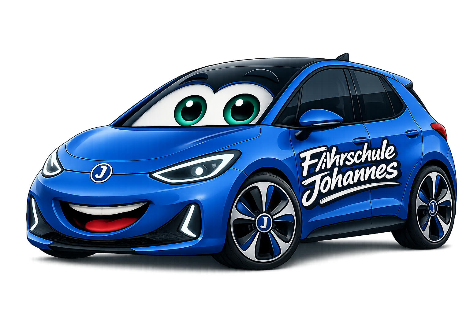 Blaues Fahrschulauto der Fahrschule Johannes als Comicfigur mit Augen und Lächeln